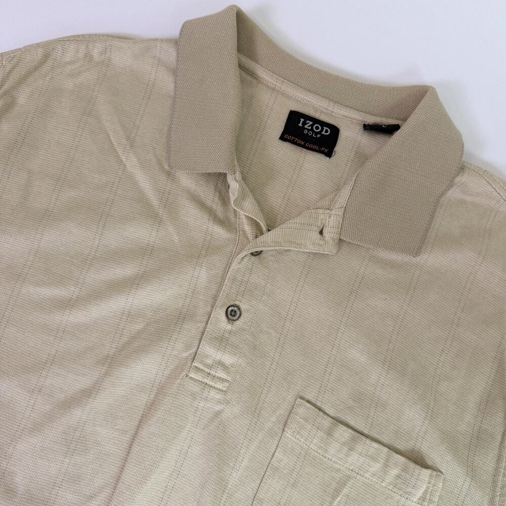 Izod Golf Cotton Cool-FX Polo Shirt Men's L Tan Striped Preppy Dadcore Grandpa